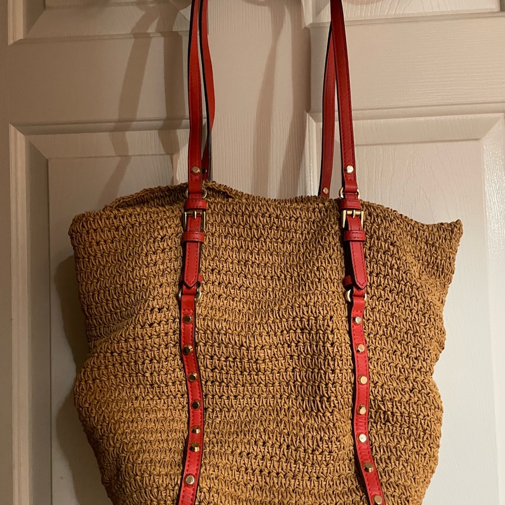 MICHAEL KORS RAFIA LEATHER ORANGE STUD TOTE
